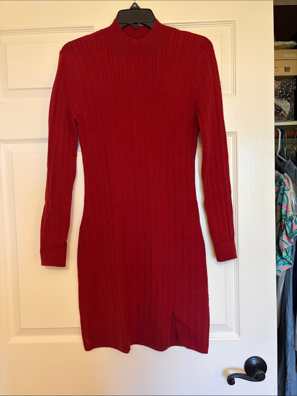 Abercrombie & Fitch Red Cable-Knit Mock Neck Long Sleeve Dress
